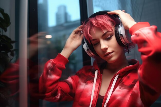 Woman with red hair wearing headphones