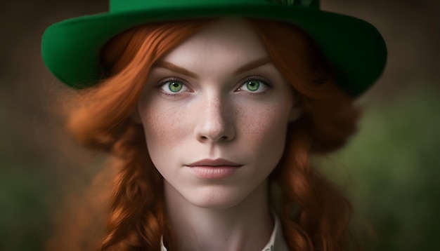 A woman with red hair wearing a leprechaun hat