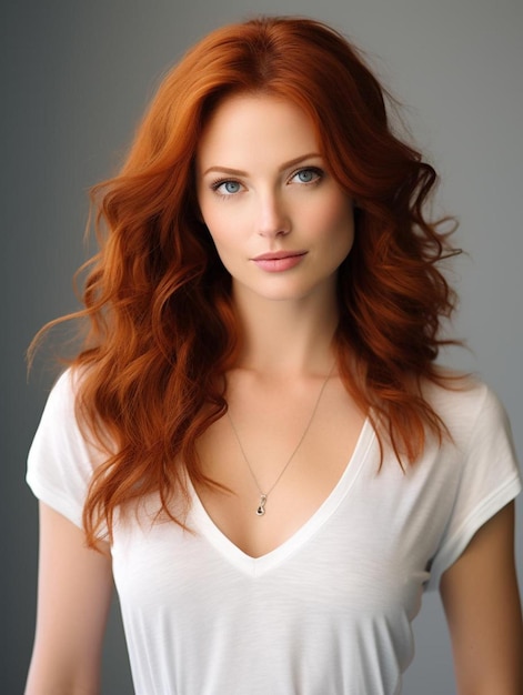A woman with red hair wearing a necklace