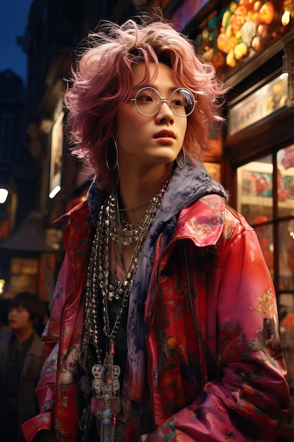 a woman with red hair wearing a red jacket and necklaces