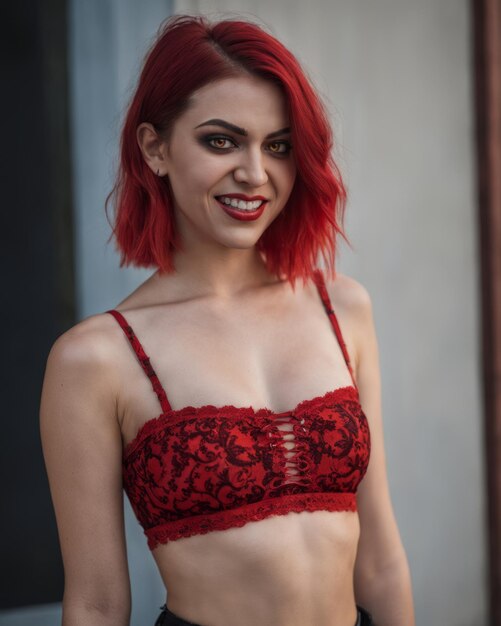 A woman with red hair wearing a red lace bralette