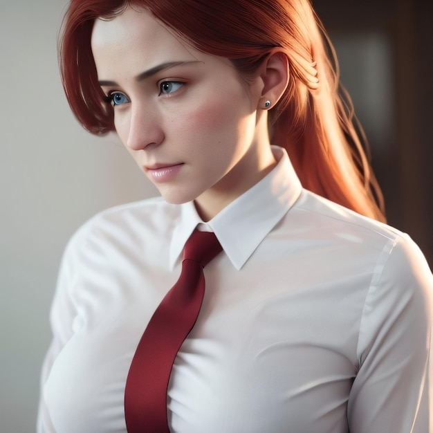 A woman with red hair wearing a tie and a red tie.