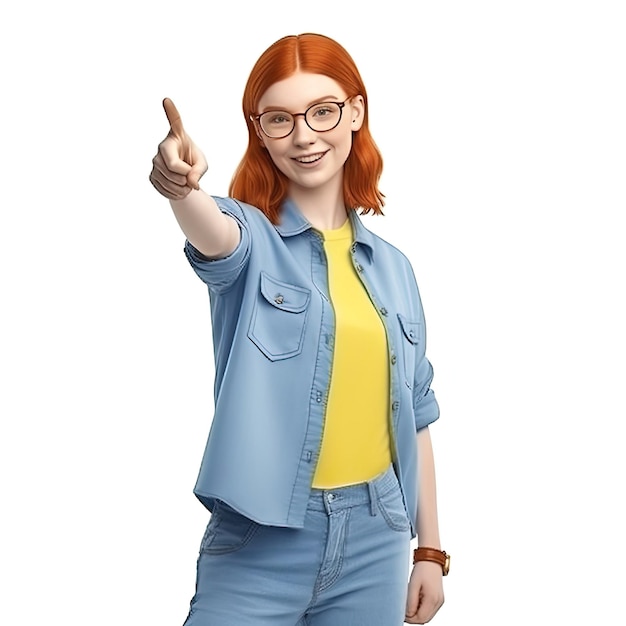 A woman with red hair wearing a yellow shirt and blue jeans points to the camera.