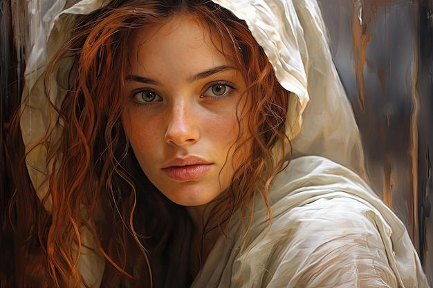 A woman with red hair and a white hood