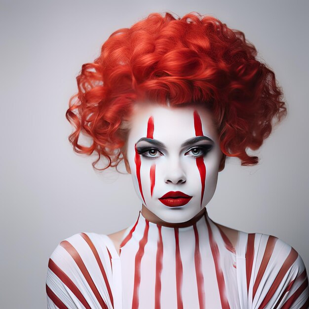 a woman with red hair and a white and red striped shirt has a red and white stripes on her face