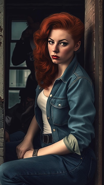 A woman with red hair and a white shirt sits in a doorway.