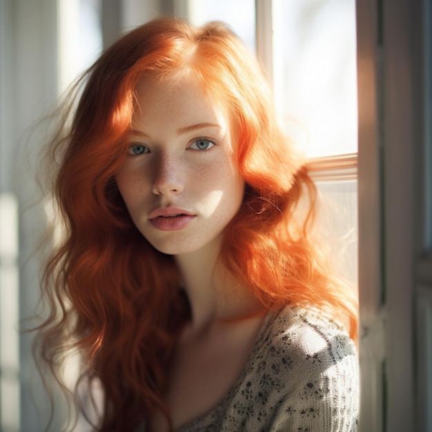 a woman with red hair and a white shirt with a black and white pattern on the front.