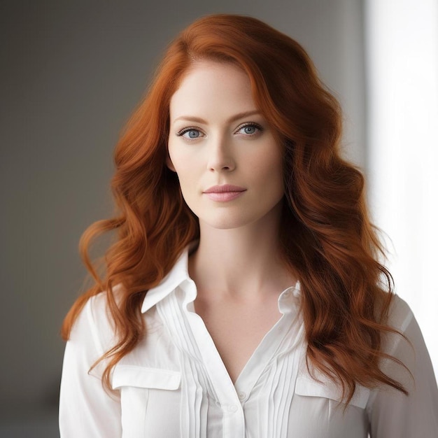 A woman with red hair and a white shirt with a long red hair.
