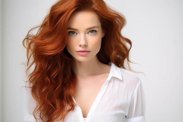 A woman with red hair and a white shirt with a long red hair.