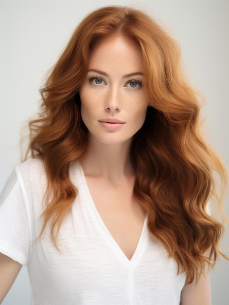 A woman with red hair and a white shirt with a white shirt that says " natural ".