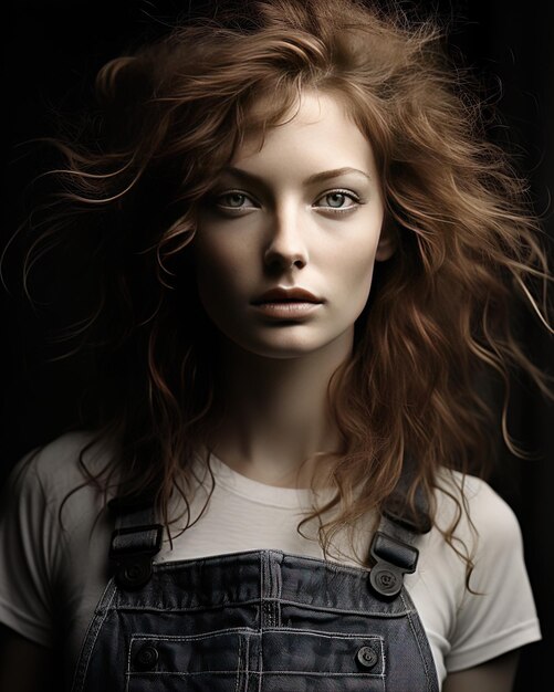 a woman with red hair and a white shirt with the word  on it