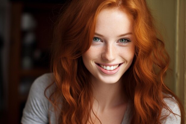 a woman with red hair and a white shirt