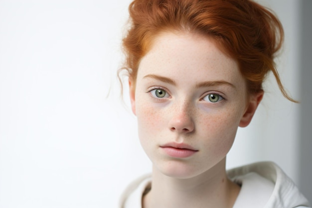 A woman with red hair and a white shirt