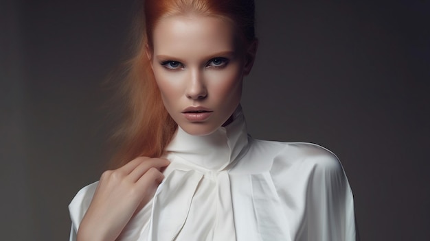 A woman with red hair and a white shirt