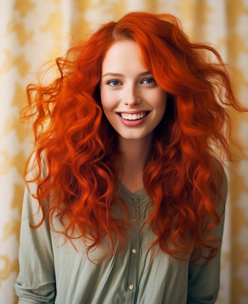 a woman with red hair and a white smile