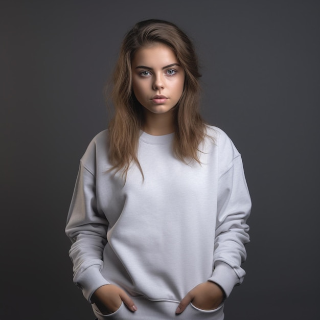 A woman with red hair and white sweat shirt with grey background