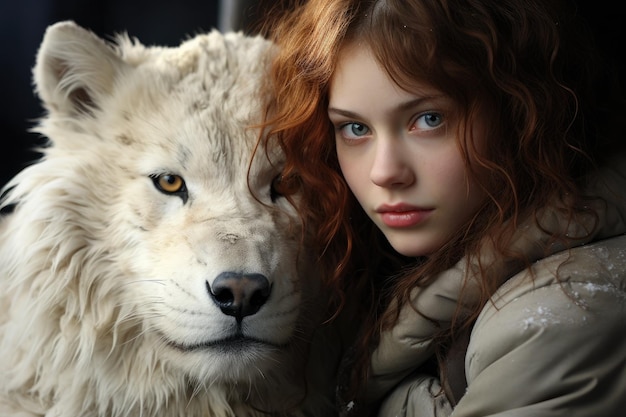 a woman with red hair and a white wolf