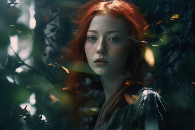 A woman with red hair in the woods