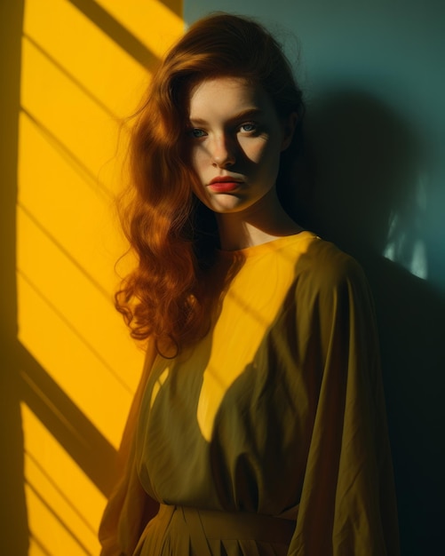 A woman with red hair in a yellow dress