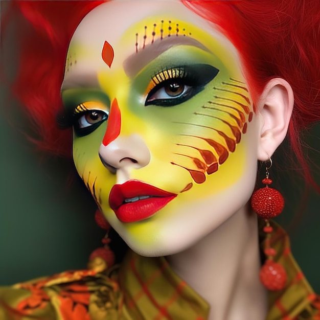 A woman with red hair and a yellow face paint