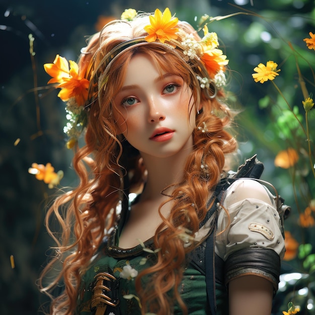 a woman with red hair and a yellow flower in her hair