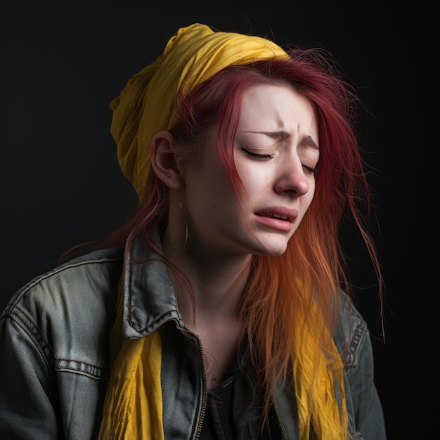 a woman with red hair and a yellow headband is crying