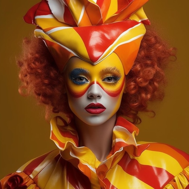 A woman with red hair and a yellow and orange face paint is wearing a red and yellow costume