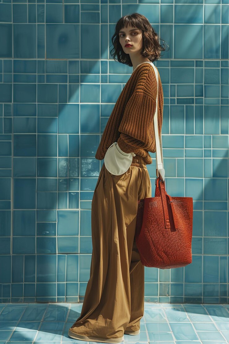 Photo a woman with a red handbag is standing in front of a blue tile wall