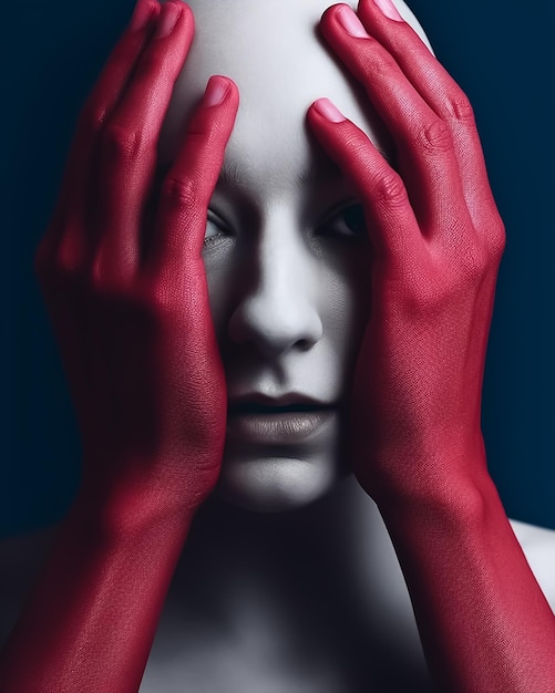 A woman with red hands covering her face with a blue background