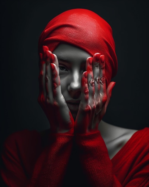 A woman with a red hat and red gloves covering her face