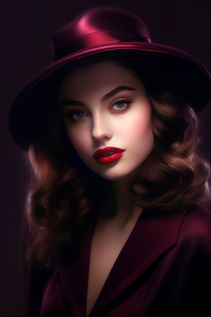 A woman with a red hat and red lipstick