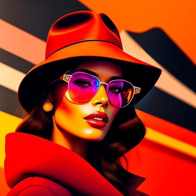 A woman with a red hat and sunglasses is standing in front of a colorful wall.