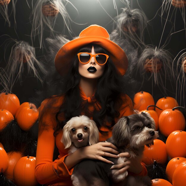 a woman with a red hat and two dogs in front of a wall of tomatoes