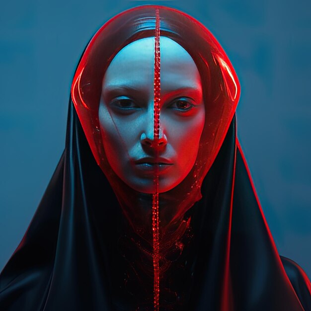 женщина с красным покрытием на голове имеет красный свет на лице