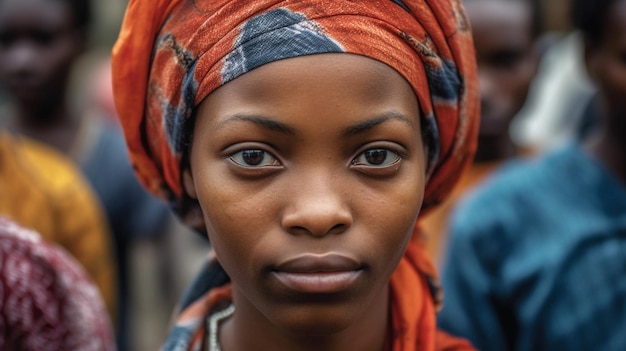 A woman with a red head scarf and a red headband stands in front of a crowd.