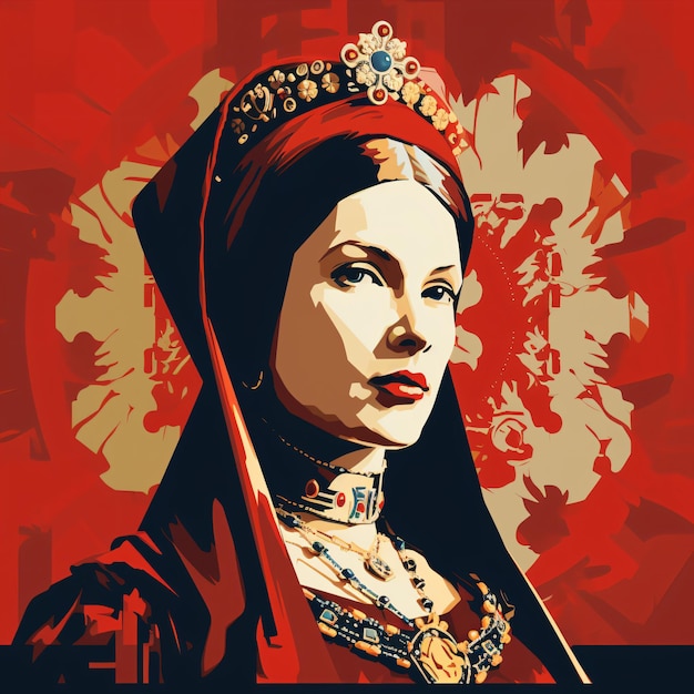 a woman with a red headdress and a red background