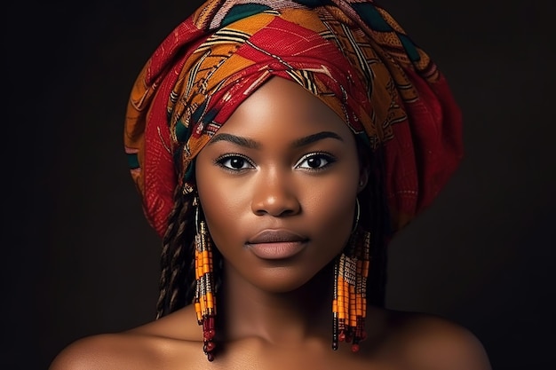 A woman with a red headdress and a red headdress