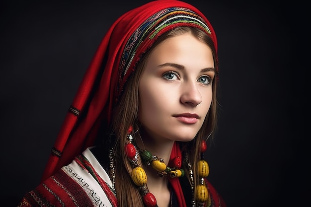 A woman with a red headdress and a red headdress