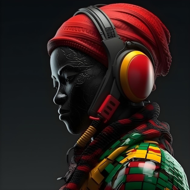 A woman with a red headphone on her head