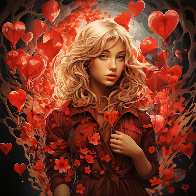 Woman with red heart balllons love and emotion concept valentines day good hearted person