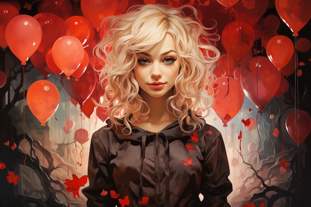 Photo woman with red heart balllons love and emotion concept valentines day good hearted person