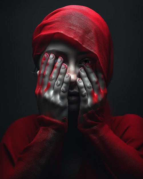 A woman with a red hood covering her face with red paint on her face.