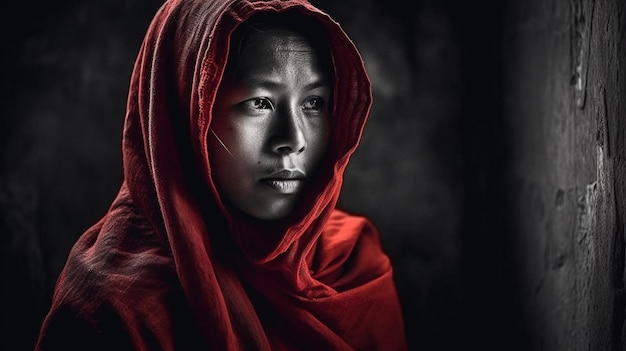 A woman with a red hood and a face painted on her face