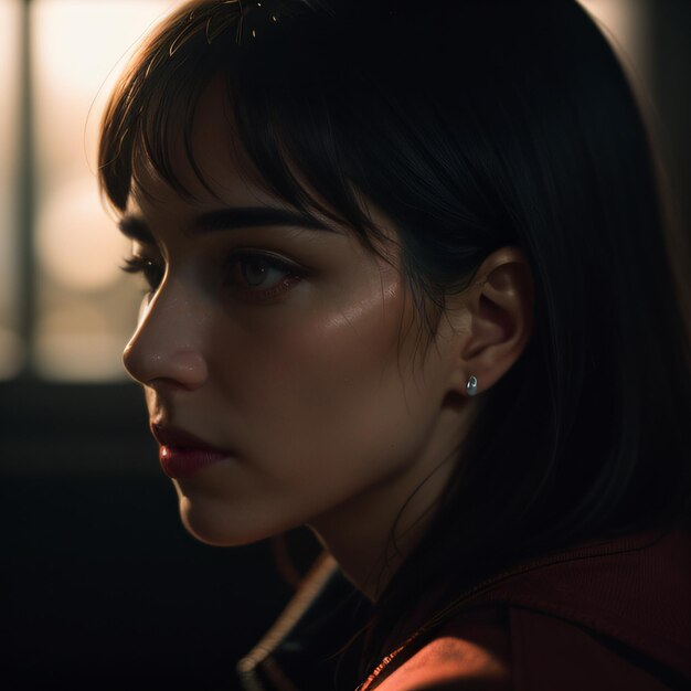 a woman with a red jacket and earring looking away from the camera with a window in the background a