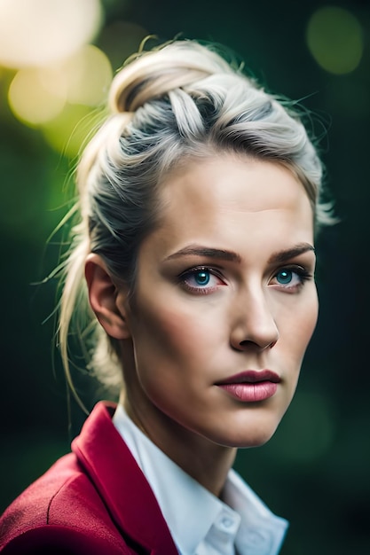 A woman with a red jacket and white hair looks into the camera.