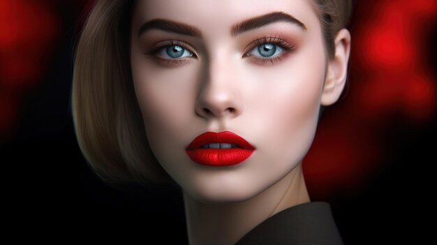 A woman with a red lip and a black background