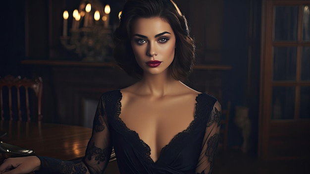 a woman with a red lip and a black dress with a black lace trim.