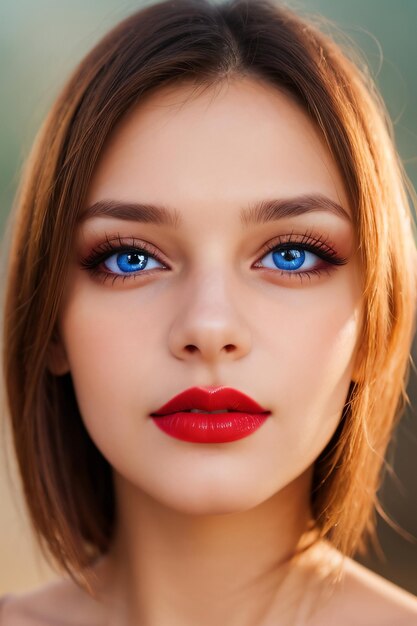 Photo a woman with a red lip and blue eyes is posing for a picture with a red lipstick on her lips and a r