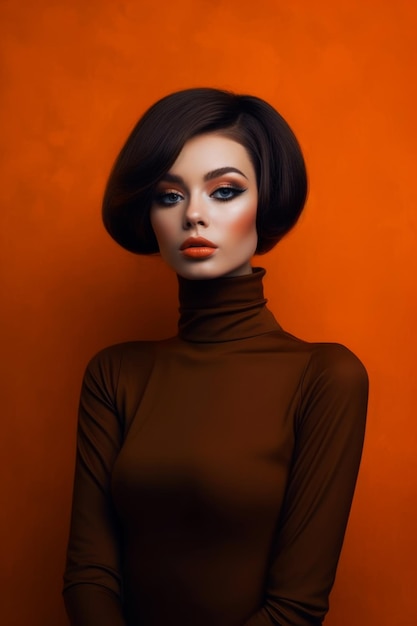 A woman with a red lip and a brown turtleneck
