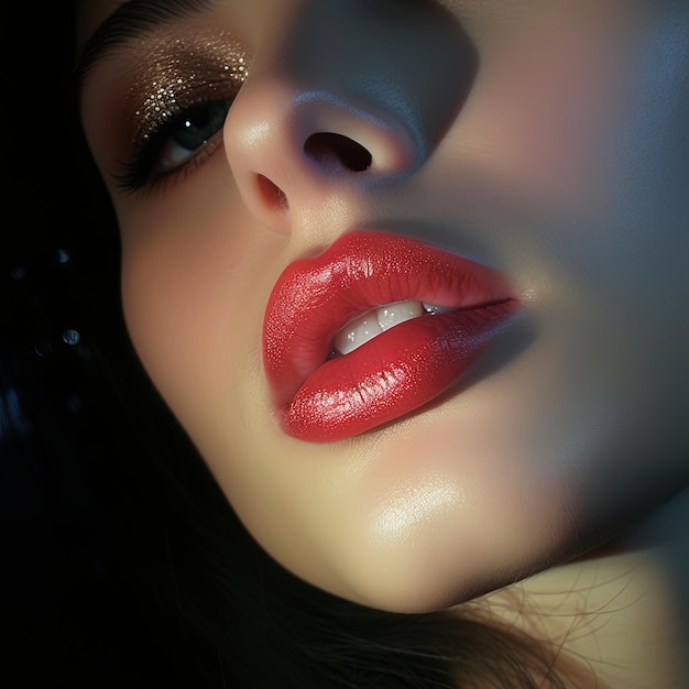 a woman with a red lip and a glittery lip